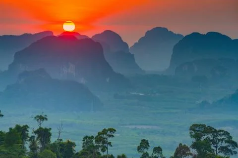 Sunset in Krabi mountains Stock Photos