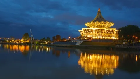Sunset At Kuching Waterfront Time Lapse Pan Left Video stock 106355758