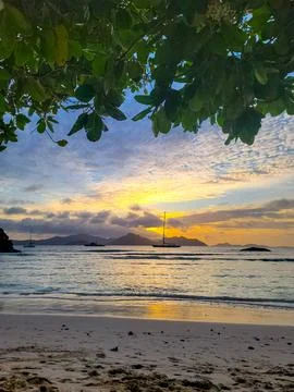 Sunset at La Severe beach in Seychelles La Digue island Stock Photos