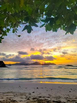 Sunset at La Severe beach in Seychelles La Digue island Stock Photos