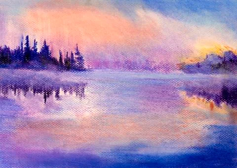 Sunset lake and forest Stock Illustration