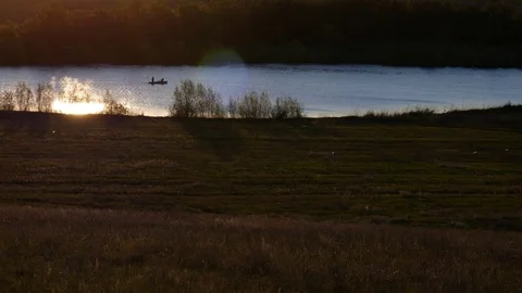 Sunset on the lake, boat Stock Footage 76047461