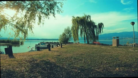 Sunset on the lake with boats Stock Footage 223651701