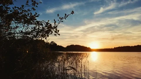 Sunset Lake With Glowing Sky, Silhouetted Foliage and Peaceful Nature Stock Footage 342006787