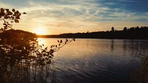 Sunset Lake With Golden Reflections and Silhouetted Nature Shoreline Stock Footage 341984405