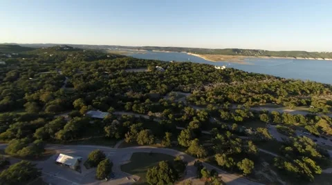 Sunset at the lake high fly over Stockbeeldmateriaal 42356776