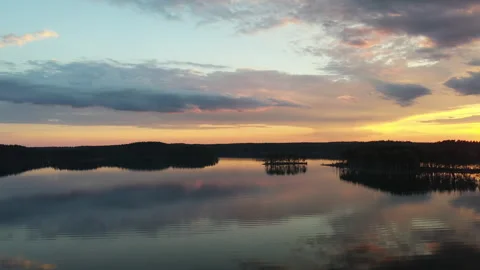 Sunset lake landscape with sky reflection. Panoramic view Stock Footage 146872625