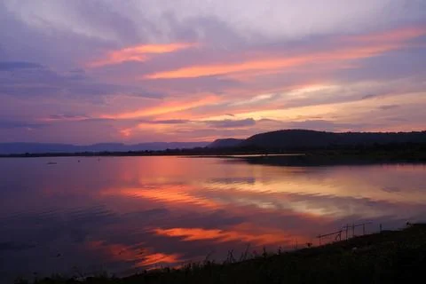 Sunset lake mountain reflection sky landscape, sunset over lake, mountain b.. Stock Photos