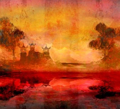 Sunset in lake with pagoda Stock Illustration