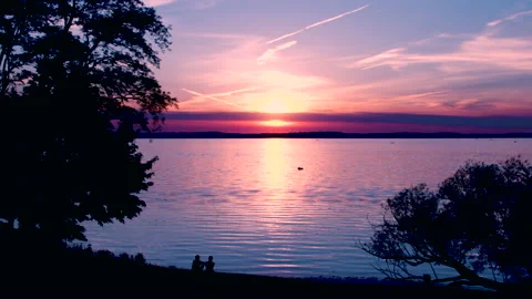 Sunset on a lake with tree silhouettes Stock Footage