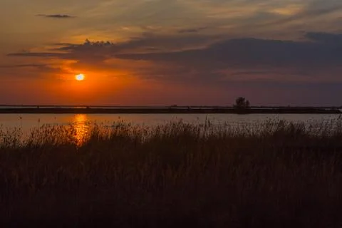 Sunset on the lake on a warm spring evening Stock Photos