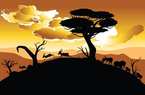 Sunset Landscape with Antelopes 스톡 일러스트