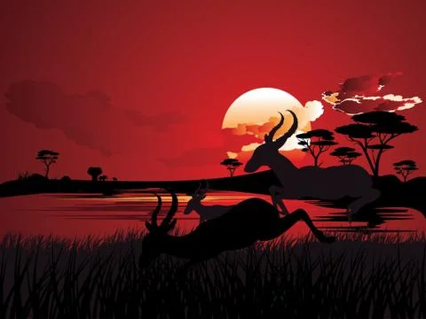 Sunset Landscape with Antelopes Ilustração Stock