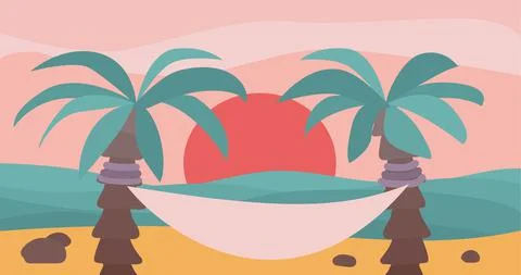 Sunset landscape boho style with sea, sand, palms and hammoc Stock Illustration