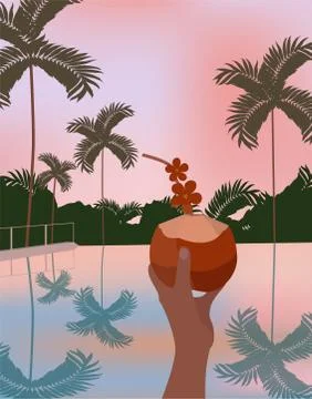 Sunset landscape with coconut by the pool Stock Illustration