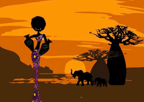 Sunset with landscape of forest baobab trees, elephants in the savannah Stock Illustration