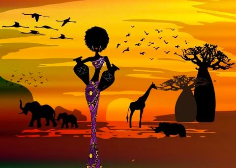 Sunset landscape of forest baobab trees, elephants in the savannah Stock Illustration