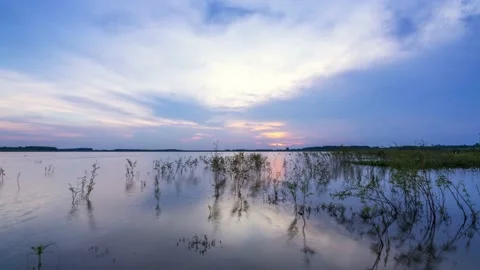 Sunset landscape in a large hydropower lake Stock Footage 139860792