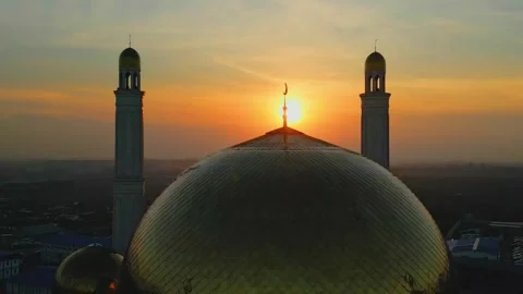 Sunset landscape of a mosque under construction, aerial view from above. Stock Footage 304518715