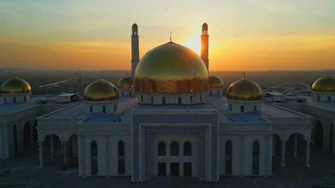 Sunset landscape of a mosque under construction, aerial view from above Stock Footage 304518728