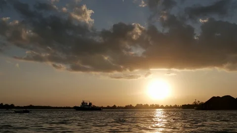Sunset landscape view of barges full coal Stock Footage 113345839