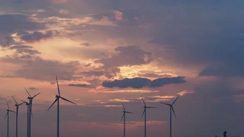 Sunset landscape with wind turbine Stock Footage 137970536