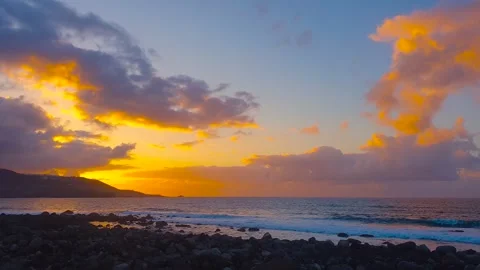 Sunset at the Las Canteras Beach with View To The North Atlantic Ocean Stock Footage 249543708