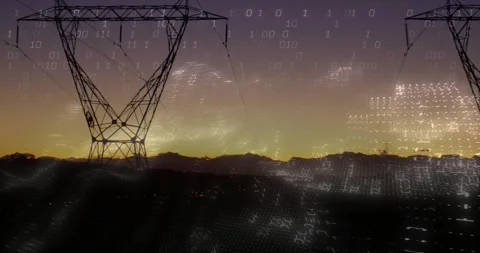 Sunset launching binary digits emerging over tower, animating grid wave for data Stock Footage 317265183