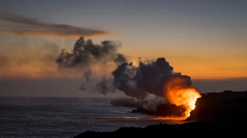 Sunset Lava Entry Timelapse at Kilauea Volcano, Hawaii 60fps Stock Footage 128977939