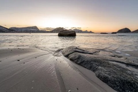 Sunset Light at the Arctic Beach, Lofoten Norway Stock Photos