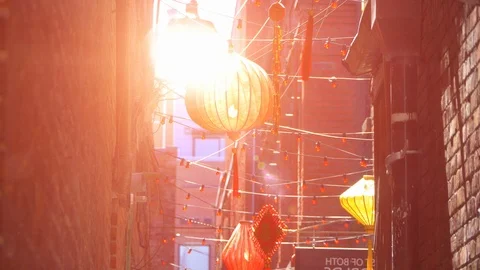 Sunset Light Chinese Paper Lanterns, Red Festival Celebration Stock Footage 88890073