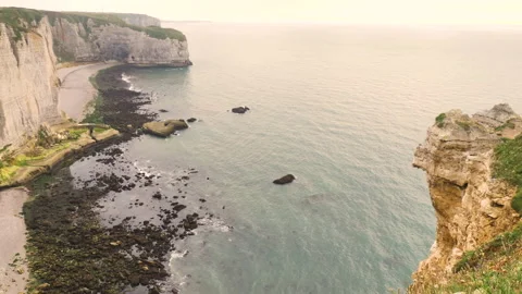Sunset light on cliff and sea at Etretat, France, 4K 60p no audio Stock Footage 157401014