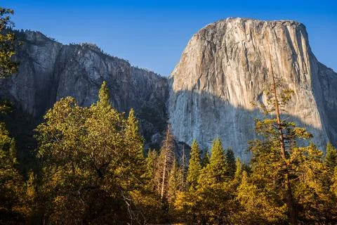 Sunset Light on El Capitan in Fall, Yosemite National Park, California Stock Photos