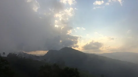Sunset light fog in the forest mountain of view landscape nature Stock Footage 121310103