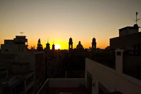 Sunset light in Montevideo with great perspective to the skyline. Buildings.. Stock Photos