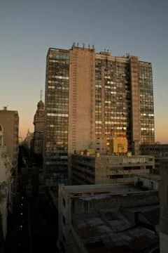 Sunset light in Montevideo with great perspective to the skyline. Buildings.. Stock Photos