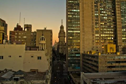 Sunset light in Montevideo with great perspective to the skyline. Buildings.. Stock Photos