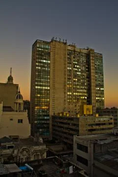 Sunset light in Montevideo with great perspective to the skyline. Buildings.. Stock Photos