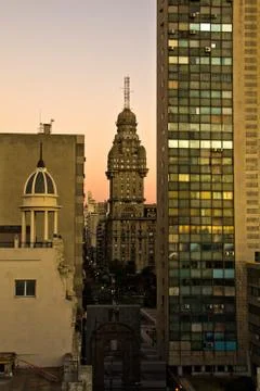 Sunset light in Montevideo with great perspective to the skyline. Buildings.. Stock Photos