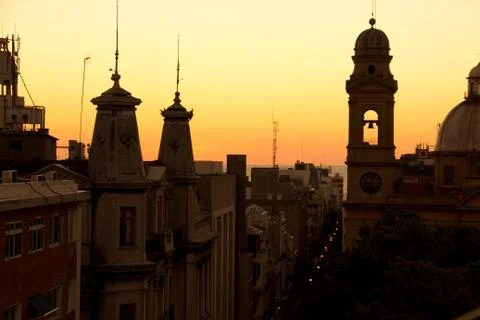 Sunset light in Montevideo with great perspective to the skyline. Buildings.. Stock Photos