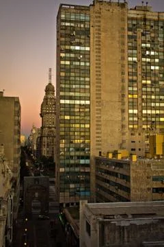 Sunset light in Montevideo with great perspective to the skyline. Buildings.. Stock Photos