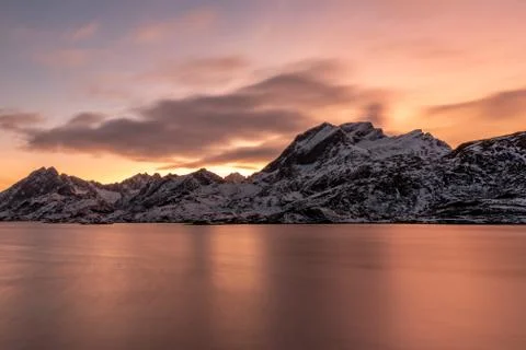 Sunset- Light of Mountains in the Ocean at the Lofoten Islands in Norway Stock Photos