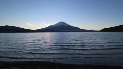 Sunset light over Mount Fuji from lake Yamanaka, Yamanashi Prefecture, Japan Video stock 151433426