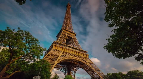 Sunset light paris eiffel tower from down to top view 4k time lapse france Stock Footage 56737296