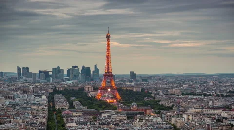 Sunset light paris famous eiffel tower roof top panorama 4k time lapse france Stock-Footage 56736889