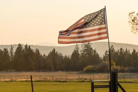 Sunset light passes through a waving U.S. flag near Terrebonne Stock Photos