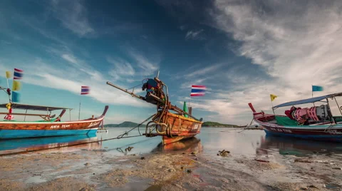 Sunset light phuket island low tide parking boats 4k time lapse thailand Stock Footage 61868574