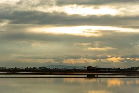 Sunset light reflects from the surface of the water. Stock Photos