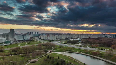 Sunset light river bay minsk roof top panorama 4k time lapse Stock Footage 54403198