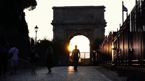Sunset light in Roman Forum, Arch next to Colosseum in Rome, Italy.  Stock Footage 125883468